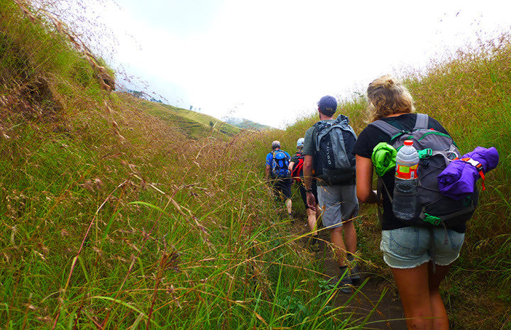 family sets out hiking with packs on back