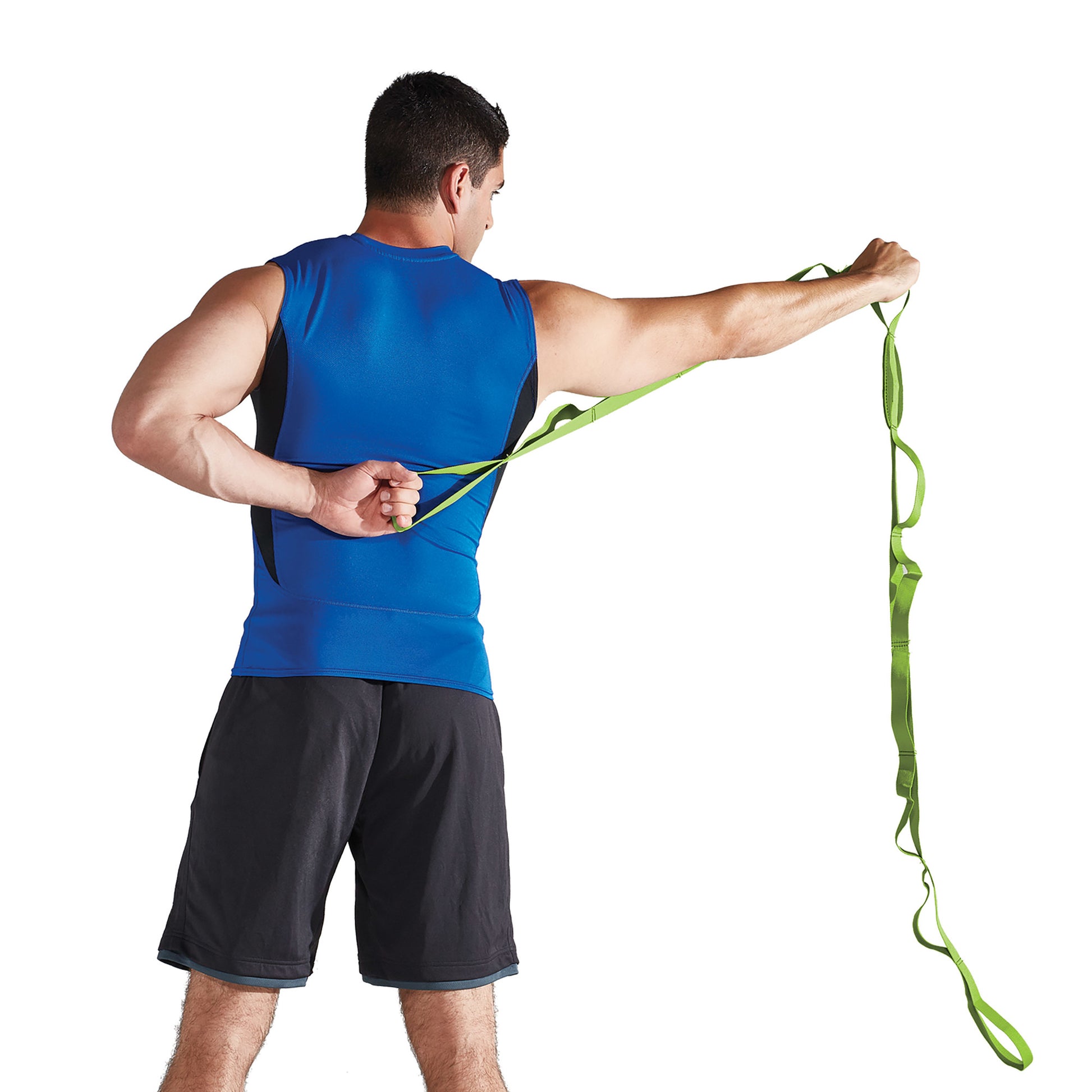 man stretching shoulder with Gaiam Restore Multi-Grip Stretch Strap